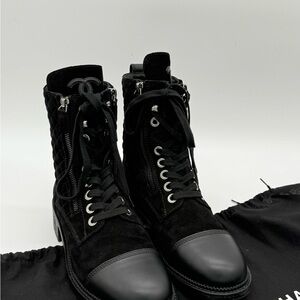 CHANEL Suede Quilted Combat Boots